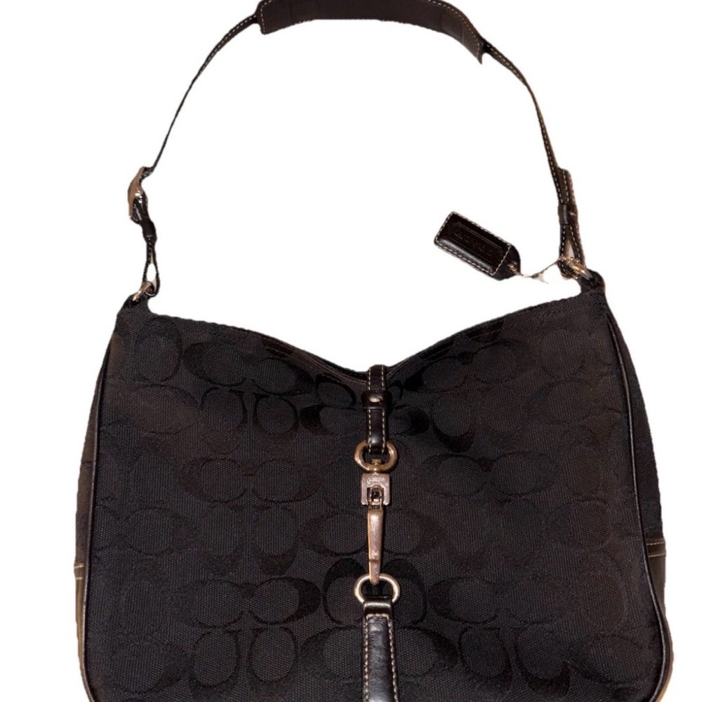 VTG Coach 6091 Signature C Clip Black Canvas Leather Trim Shoulder Hand Bag